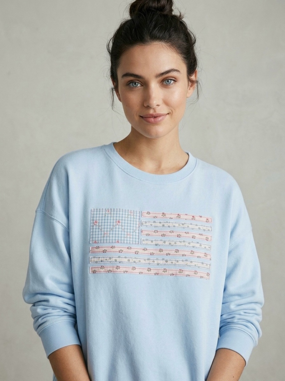 NWT April Kiss “Embroidered Floral Patchwork Flag Pullover" Powder Blue • Large